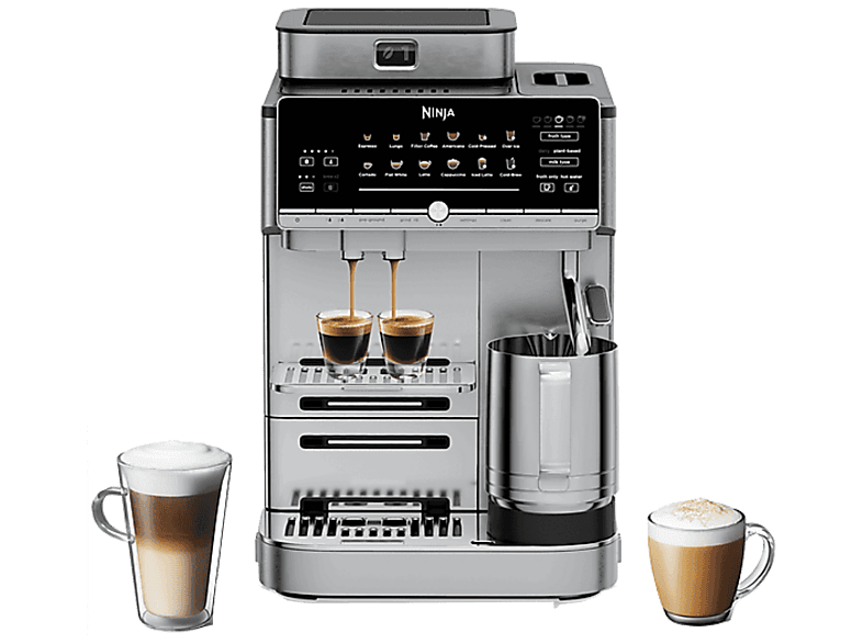 Cafetera superautomática - Ninja AutoBarista Pro, 15bar, 1650W, 2 Tazas, 13 Programas, 5 programas Espumado Leche, depósitos café grano, Negro/Plata