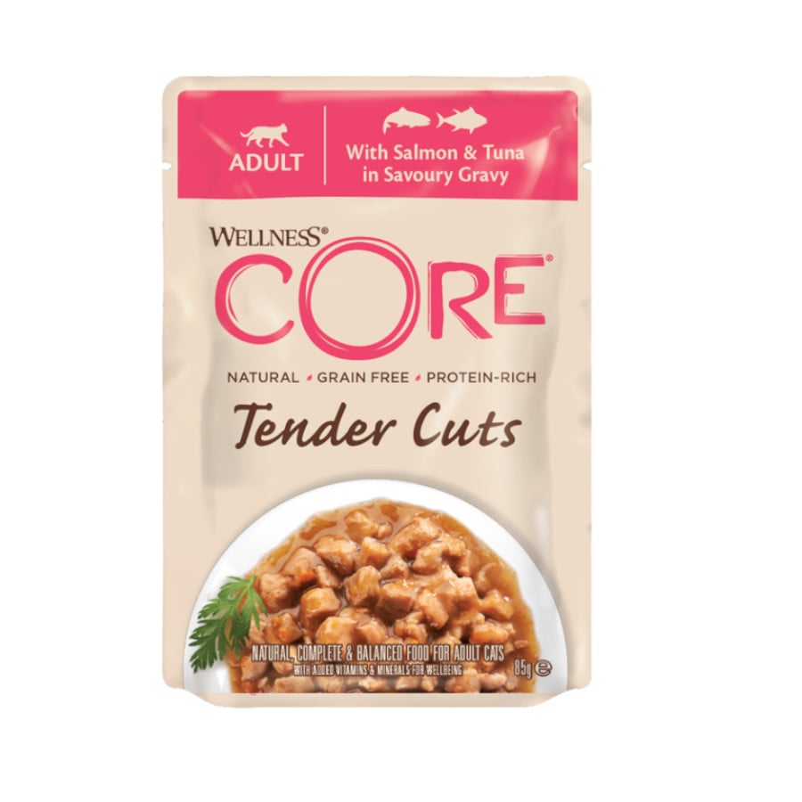 85 g Wellness Core Tender Cuts salmón y atún sobre en salsa para gatos