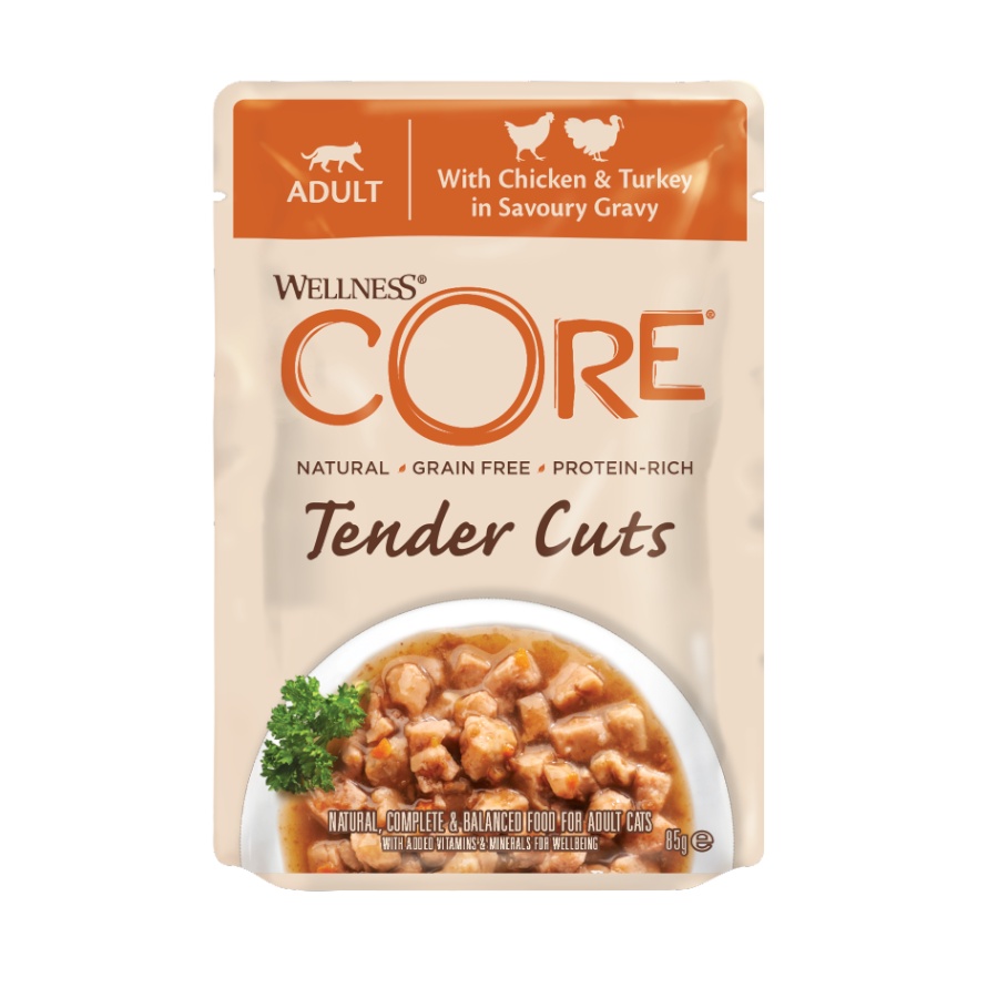 85 g Wellness Core Tender Cuts pollo y pavo sobre en salsa para gatos