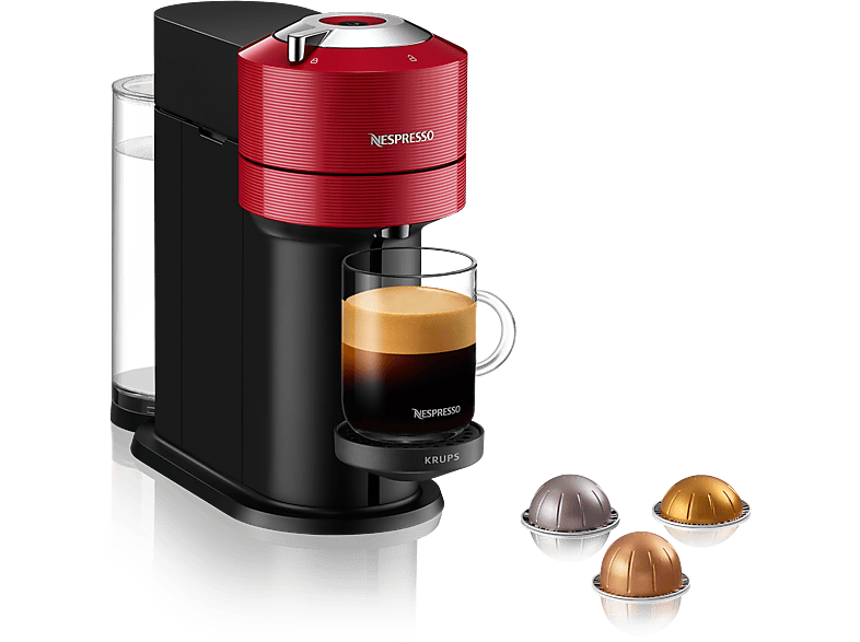 Cafetera de cápsulas - Nespresso® Krups Vertuo Next XN9105, 1500 W, 1.1 L, Calentamiento en 30 s, Tecnología Centrifusión, Wi-Fi, Bluetooth, Rojo