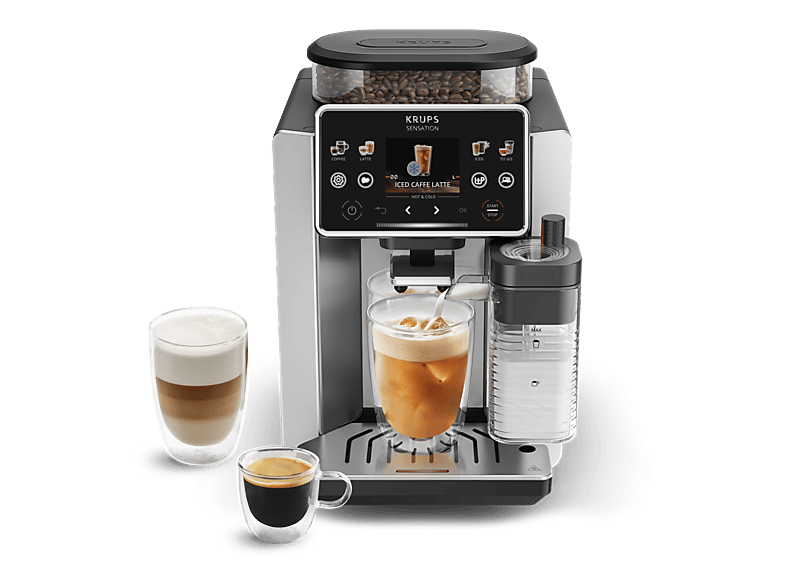 Cafetera superautomática - Krups Sensation Elite Hot & Could EA918, 30 Recetas, Jarra de leche, Molinillo, Táctil, Espumador, 15 bar, 1450 W, Aluminio