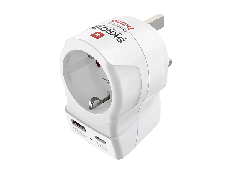 Adaptador enchufe - Hama 00223478, Eu a UK, Con 2 puertos USB, 20W, Blanco