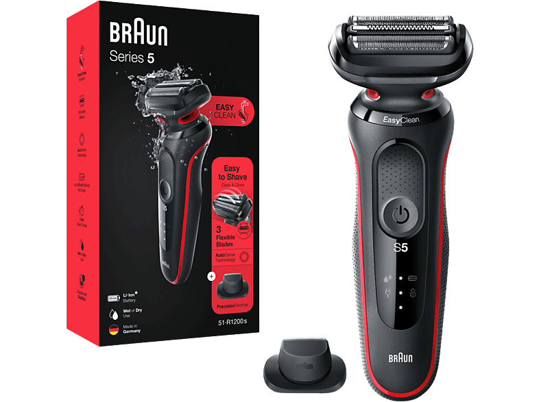 Afeitadora - Braun Series 5 51-R1200s, 3 Cuchillas, eléctrica para barba, EasyClean, Wet & Dry, Rojo