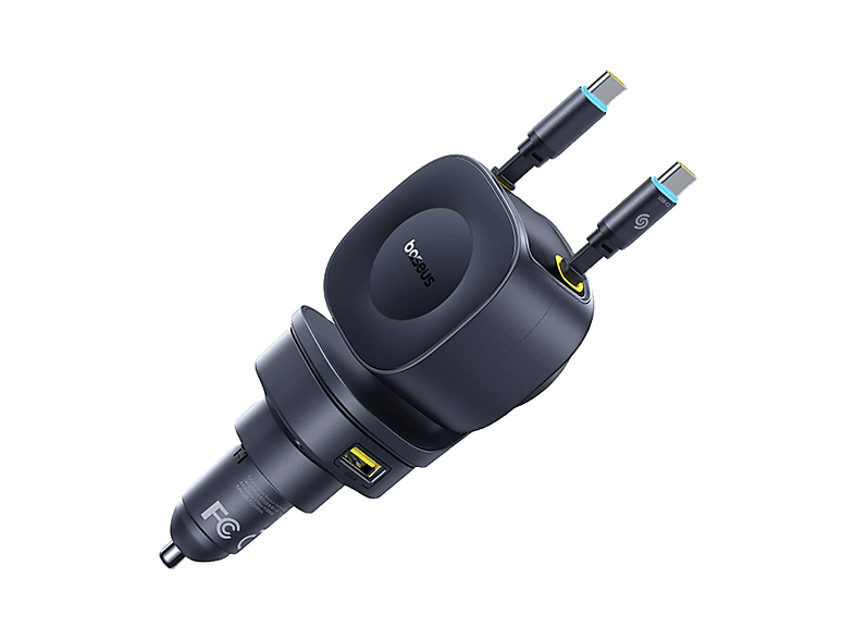 Cargador coche - Baseus PrimeTrip VR2 Max, Universal, Tipo C y USB, Sistema retráctil magnético, Carga rápida multidispositivo, Giro 450º, 60W, Negro