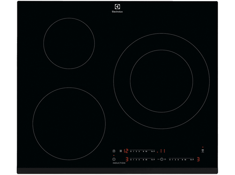 Placa inducción - Electrolux LIT60342, 3 zonas, Zona grande 28 cm, Biselada, 60 Negro