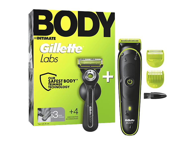 Afeitadora corporal - Gillette Labs i3 Body + Intimate, Tecnología Skinfirst, Wet&Dry, 2 peines, Pack con maquinilla de afeitar GilletteLabs