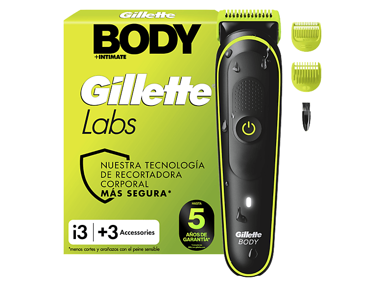 Afeitadora corporal - Gillette Labs i3 Body + Intimate, Recortadora para hombres, Tecnología Skinfirst, Wet&Dry, 2 peines