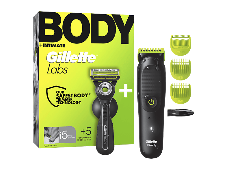 Afeitadora corporal - Gillette Labs i5 Body + Intimate, Tecnología SkinFirst, Wet&Dry, 3 peines, Pack con maquinilla de afeitar GilletteLabs