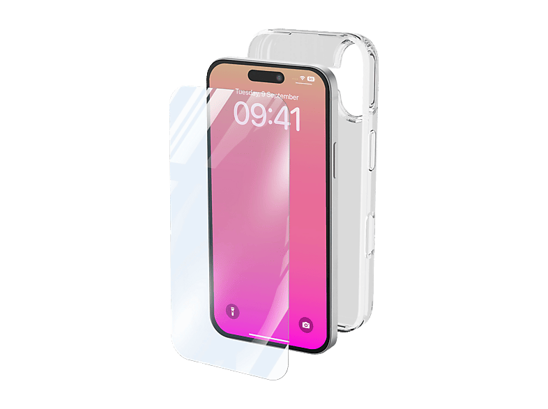 Funda + Protector pantalla - CellularLine PROTECTION KIT, Para iPhone 17, Protección de esquinas y conectores, Ultrarresistente, Transparente