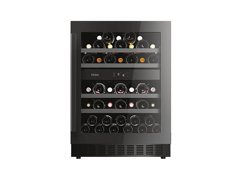 Vinoteca integrable - Haier HAKWBD 60, Ventilador, 44 Botellas, Luz LED, 2 Zonas, Estantes de Madera, Negro