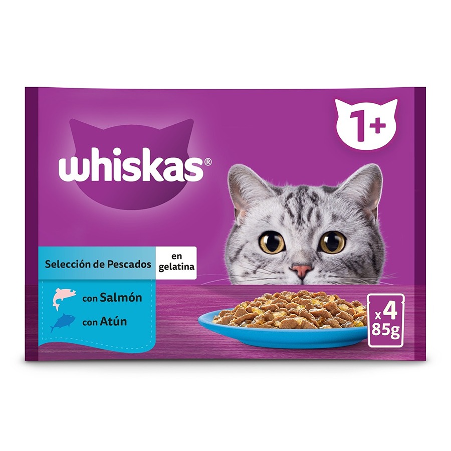 4 sobres x 85 g Whiskas Salmón y Atún Gelatina en Bolsita para Gatos Adultos