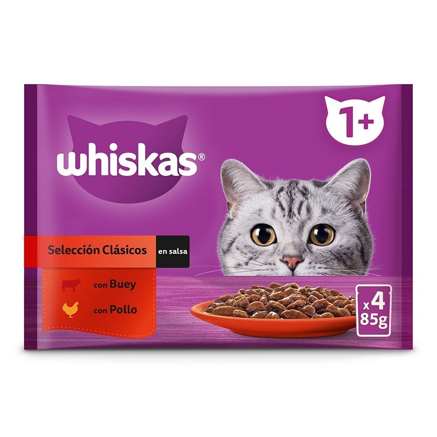 4 sobres x 85 g Whiskas Buey y Pollo Salsa en Bolsita para Gatos Adultos