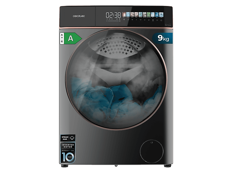 Lavadora carga frontal - Cecotec Bolero DressCode 9900 Inverter FullColor, 9 kg, 1400 rpm, Motor Plus, Pantalla, SteamMax, OnSmart, Gris