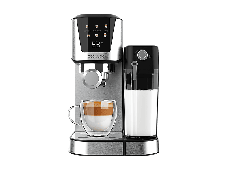 Cafetera express - Cecotec Power Espresso 20 Cream, bar, 1350 W, Pantalla táctil en color, Depósito de leche 700 ml, Thermoblock, Plata