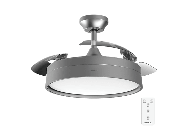 Ventilador de techo - Cecotec 4200 Invisible Steel, Aspas retráctiles, Motor 40W, 42