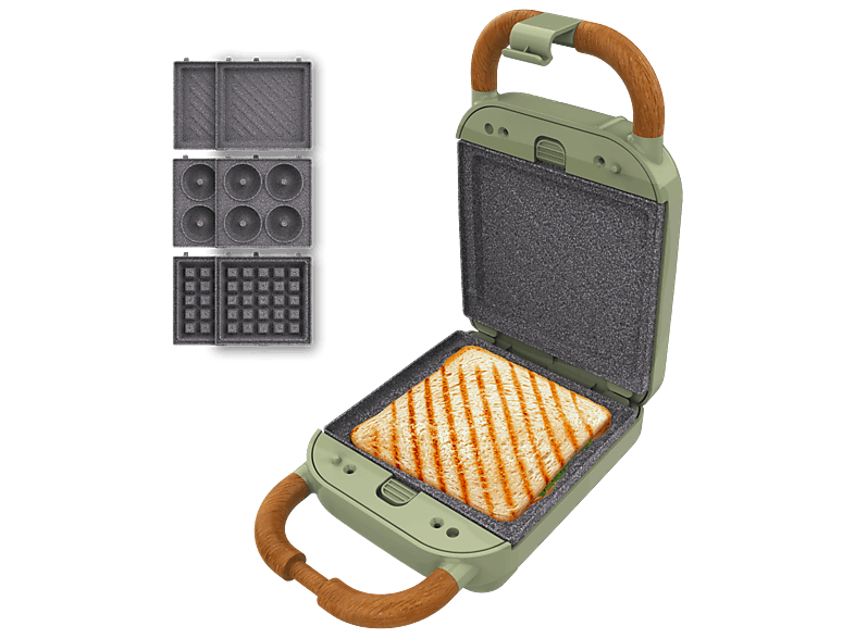 Sandwichera - Cecotec Rock’nToast Retro One Red, 3 placas desmontables, Diseño retro, 700 W, Revestimiento RockStone, Rojo