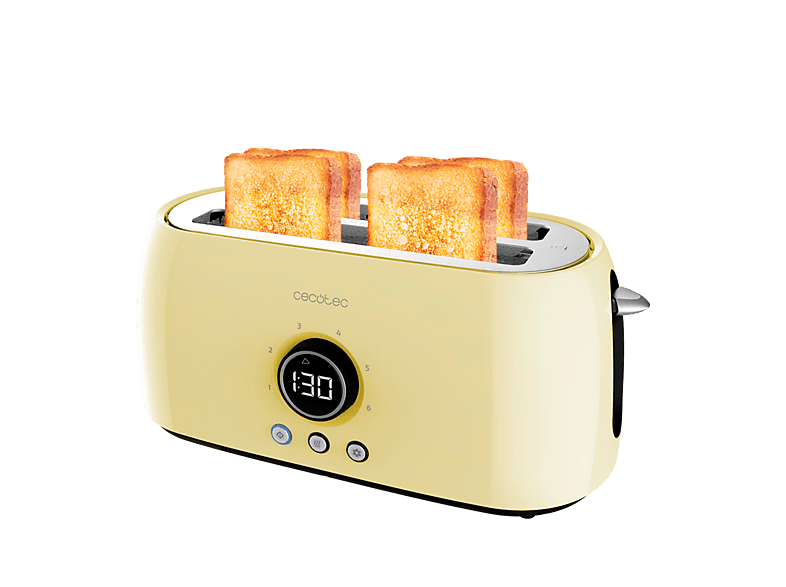 Tostadora - Cecotec Tostador Vertical Digital Classictoast 15000 Yellow Extra Double, Ranuras largas, 4 tostadas, 1500 W, Amarillo