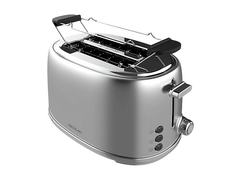 Tostadora - Cecotec Toast&Taste 1000 Retro Double Inox, 980 W, Diseño retro, Ranura ancha, Calienta panecillos, Plata