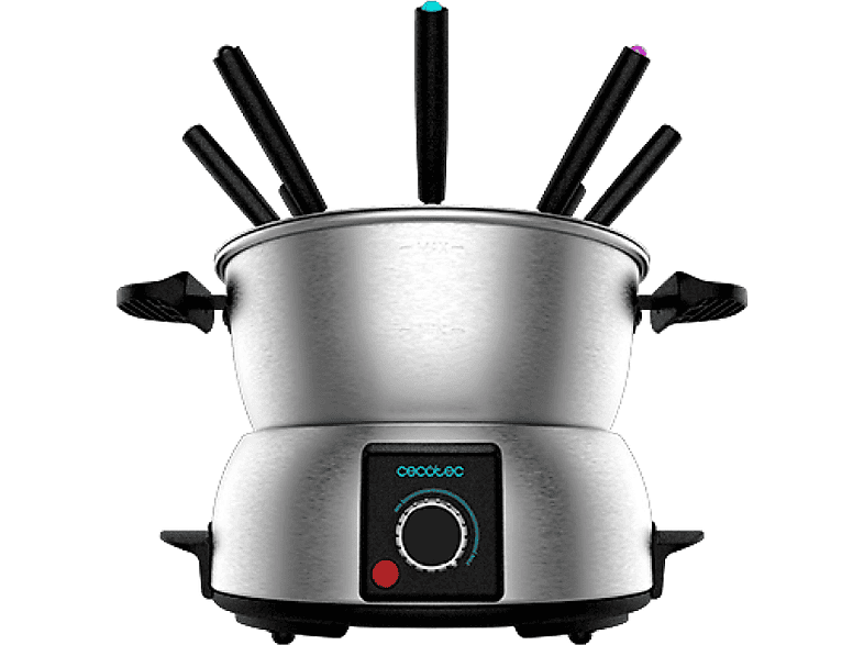 Fondue - Cecotec GourmetFondue, 1000 W, 8 tenedores incluidos, Tapa antisalpicaduras, Termostato, Inox