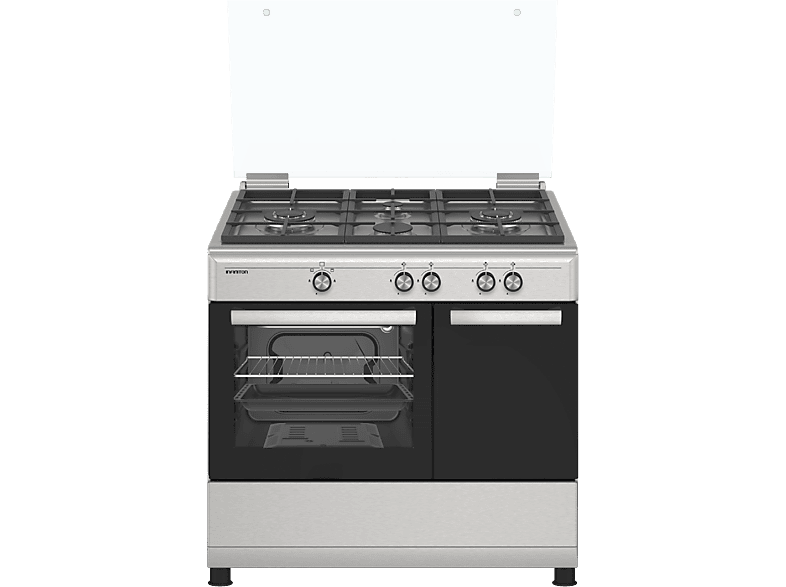 Cocina a gas - Infiniton CC90X2W4F, 4 zonas, Gas Natural / Butano, 60l Horno, Tapa Cristal, Seguridad termopar, Inox