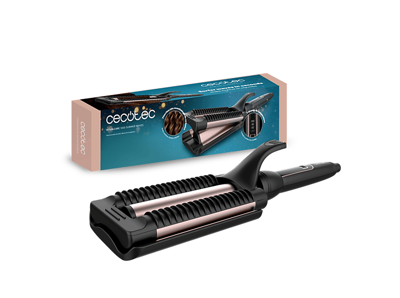 Plancha de pelo - Cecotec RitualCare 1000 Summer Waves, 90W, Revestimiento cerámica, Ondas surferas, 3 Ajustes temperatura, Cable 360º, Negro