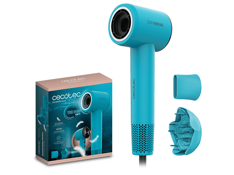Secador - Cecotec DryNova Blue, 1600W, 4 niveles de temperatura, 110.000 rpm, Pantalla, Incluye concentrador y difusor, Motor Brushless, Azul