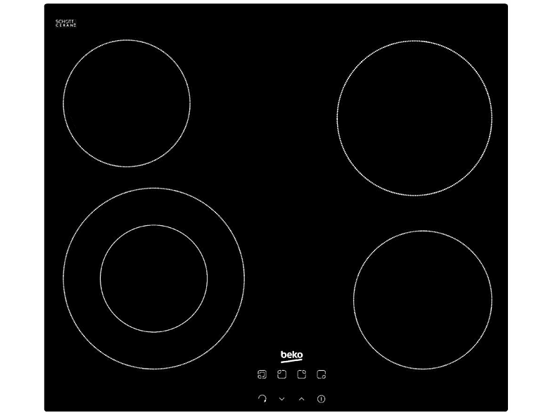 Placa vitrocerámica - Beko HIC 64402E, 4 zonas, Zona grande 21 cm, Control táctil, Doble zona, 58 Negro