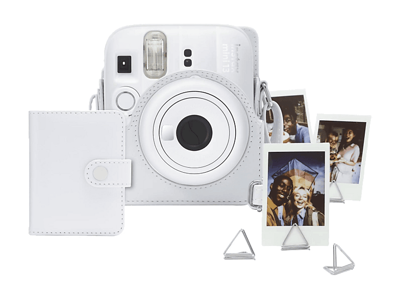 Kit cámara instantánea - Fujifilm Instax Mini 13, Funda cuero sintético + Álbum de fotos Clips, Blanco arcilla