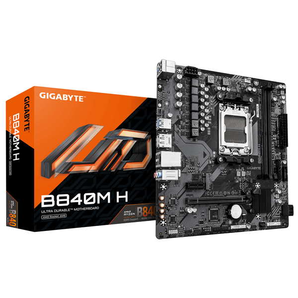 GIGABYTE AMD B840M H Placa Base - Procesadores AMD Ryzen 9000, VRM de 5+2+2 fases, hasta 7200MHz DDR5 (O.C), 1xPCIe 4.0 M.2, LAN 1GbE, USB 3.2 Gen 1