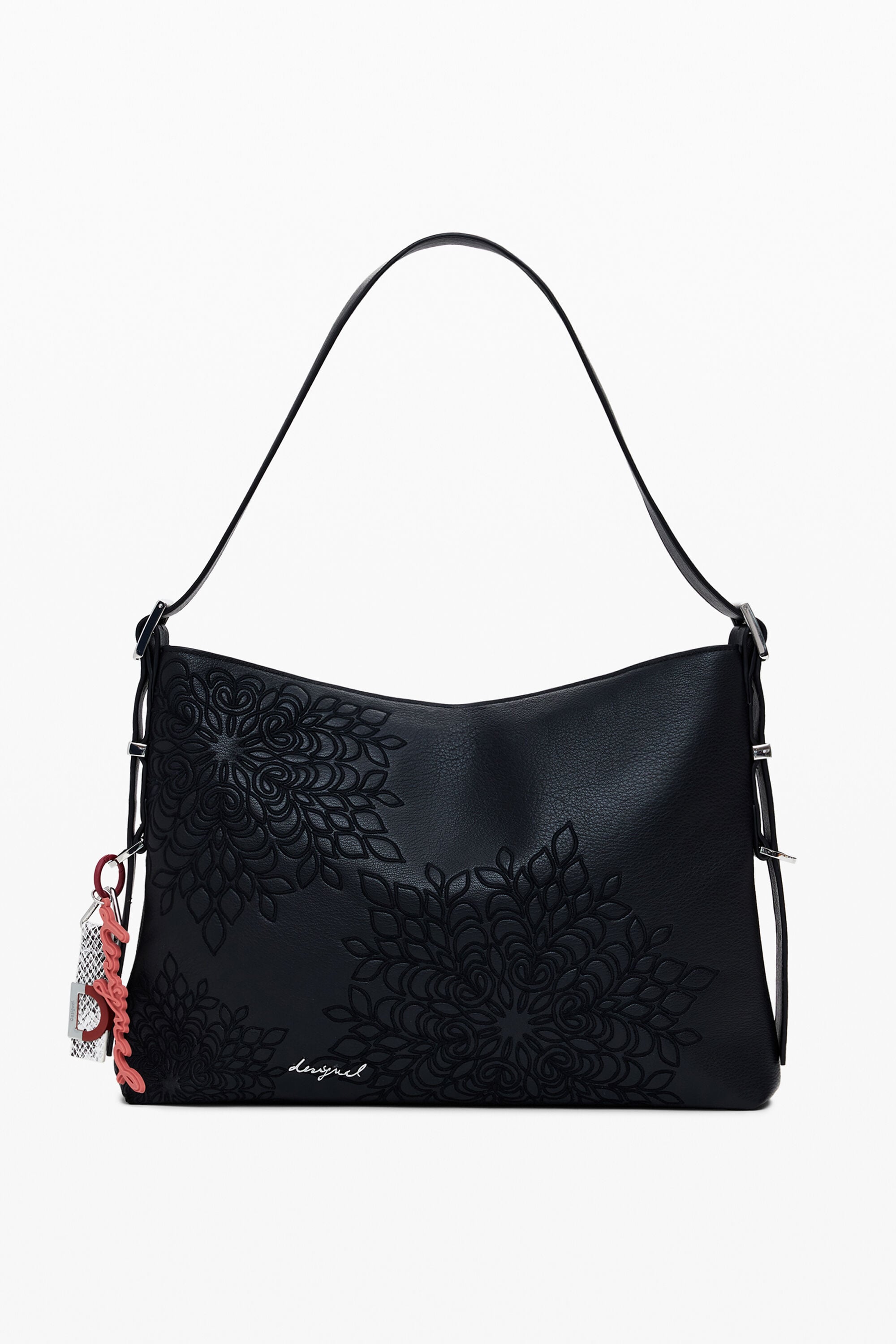 Desigual, Bolso efecto piel bordados mediano, Poliuretano, Negro, U