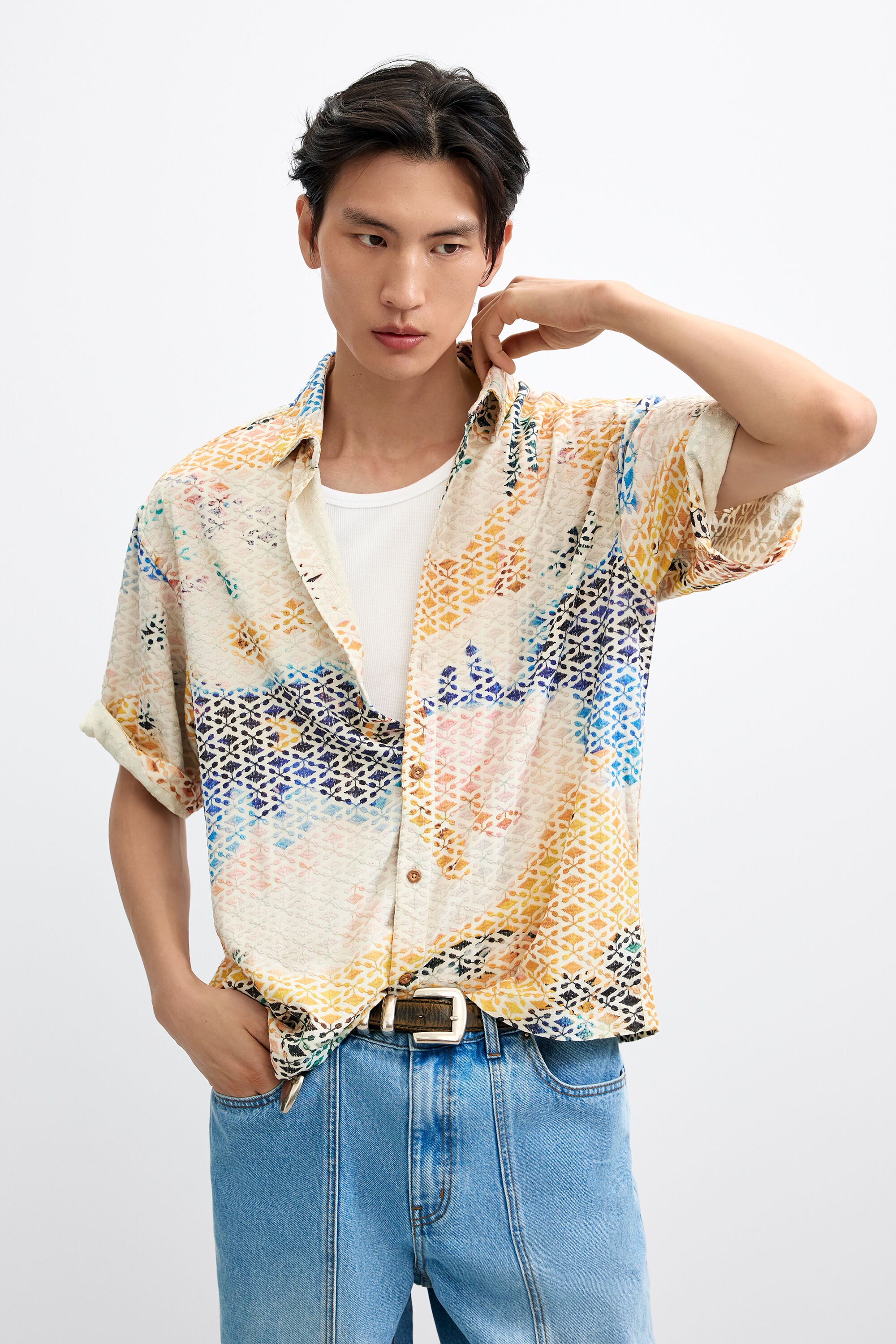 Desigual, Camisa bordada estampada, Hombre, Blanco, M