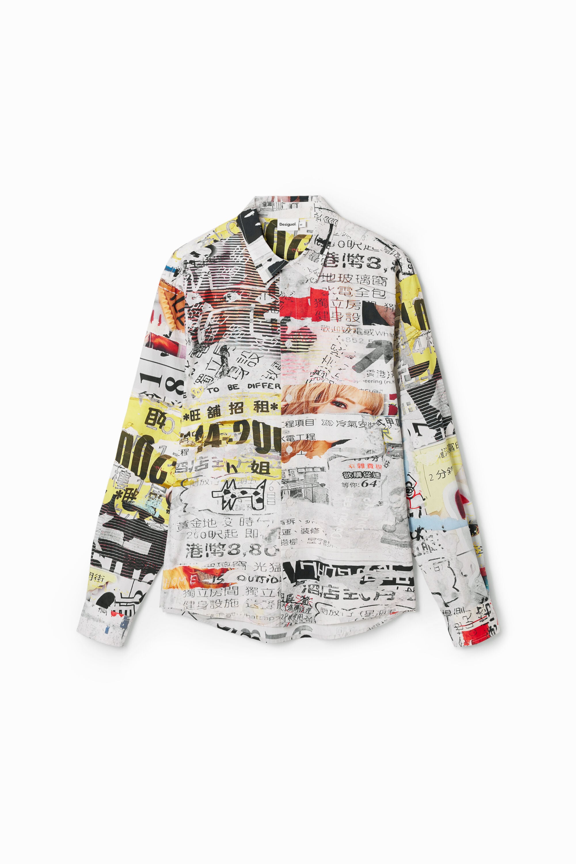 Desigual, Camisa con diseño de prensa japonesa, Algodon, Blanco, XL