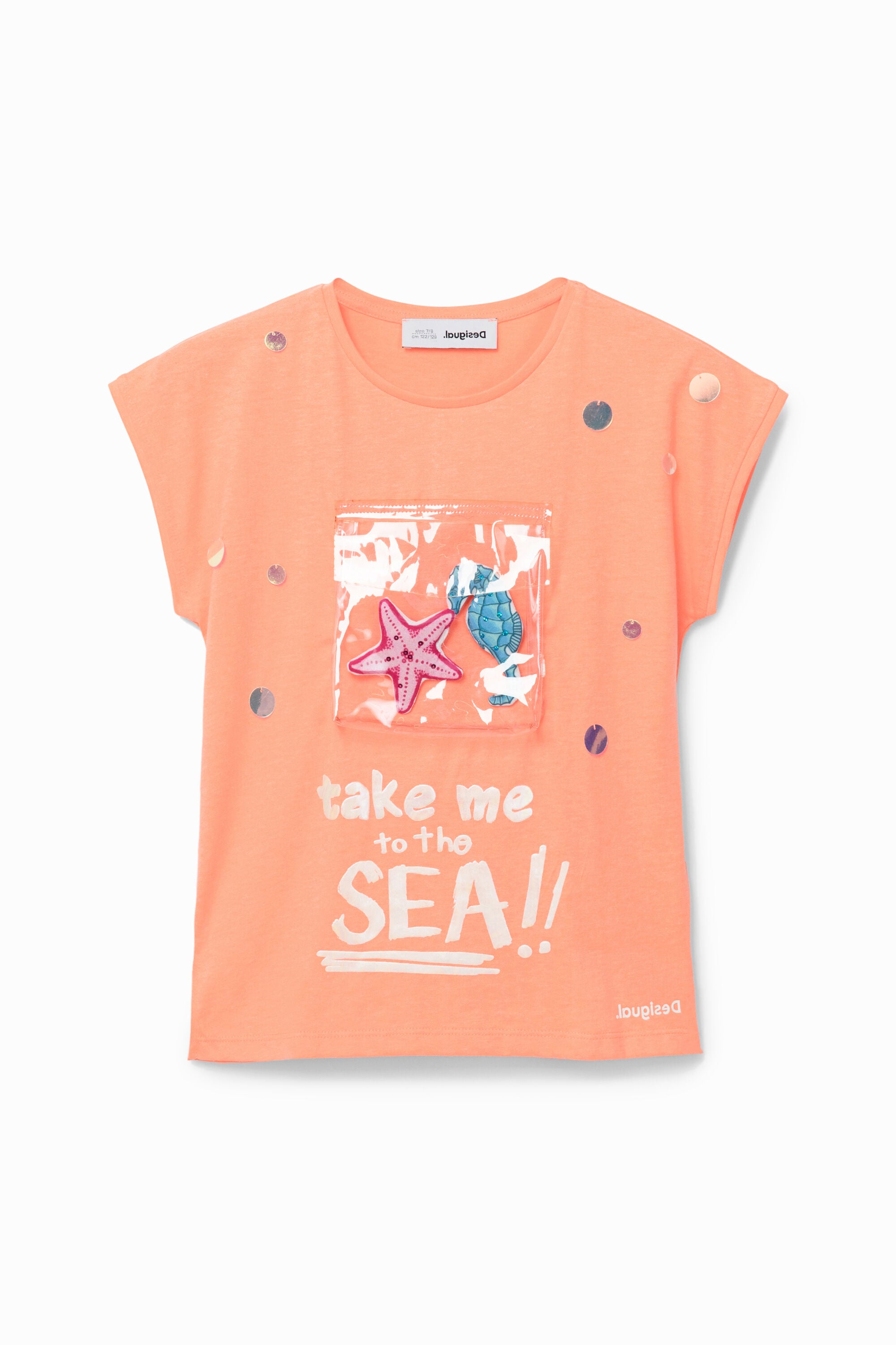 Desigual, Camiseta con bolsillo del mar, Naranja, 3/4