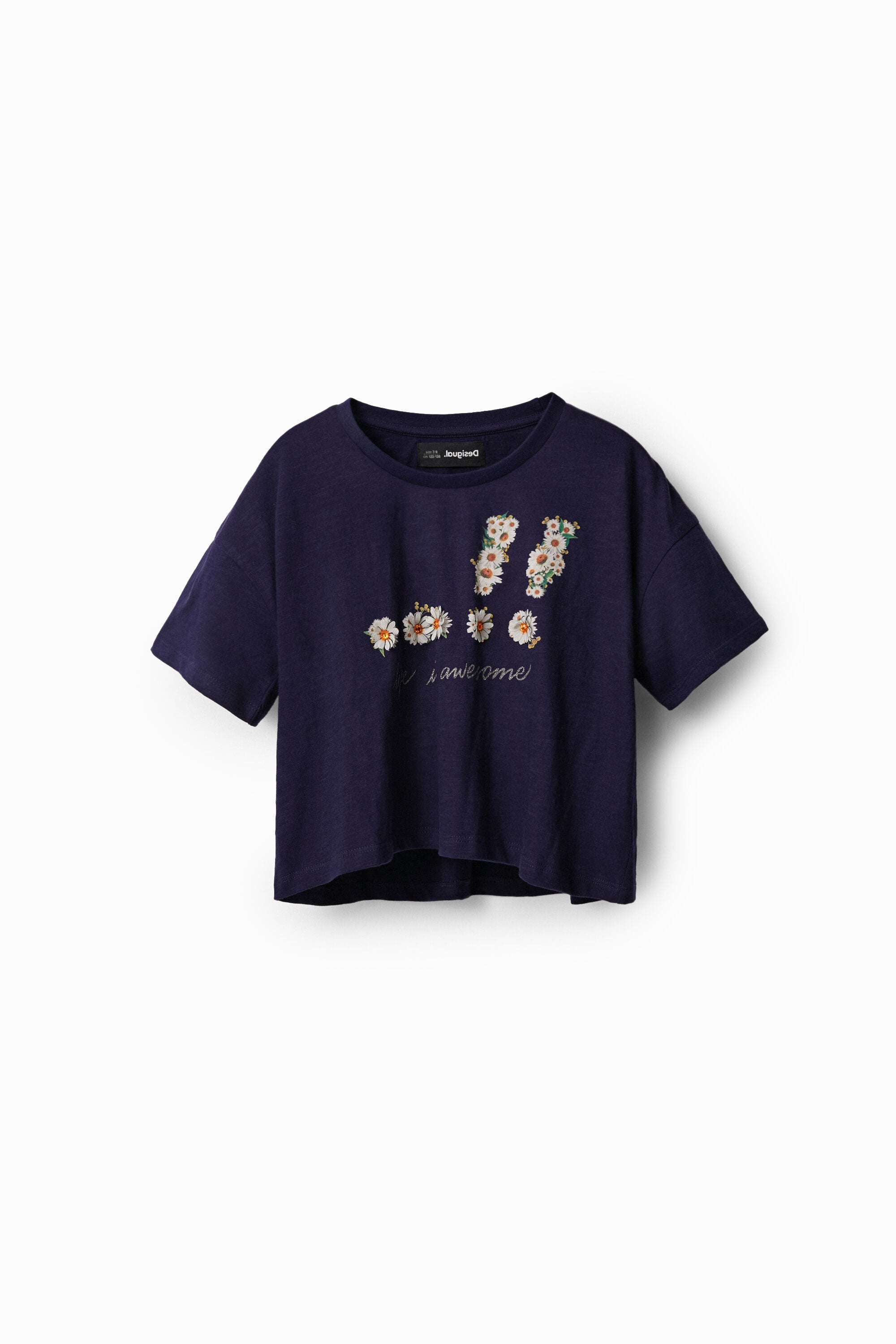 Desigual, Camiseta cropped margaritas, Algodon, Blanco, 7/8
