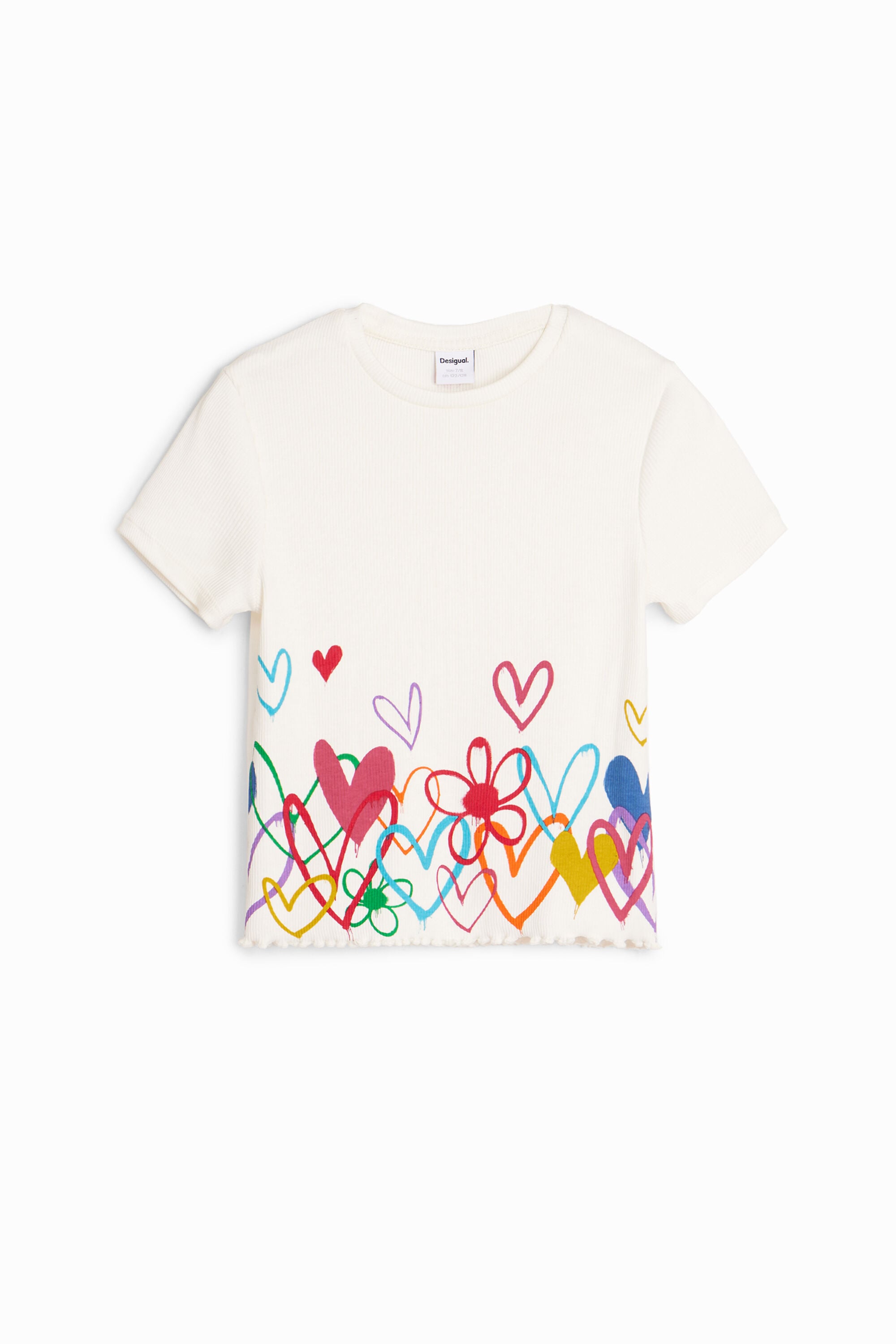 Desigual, Camiseta ilustraciones corazones, Algodon, Blanco, 7/8