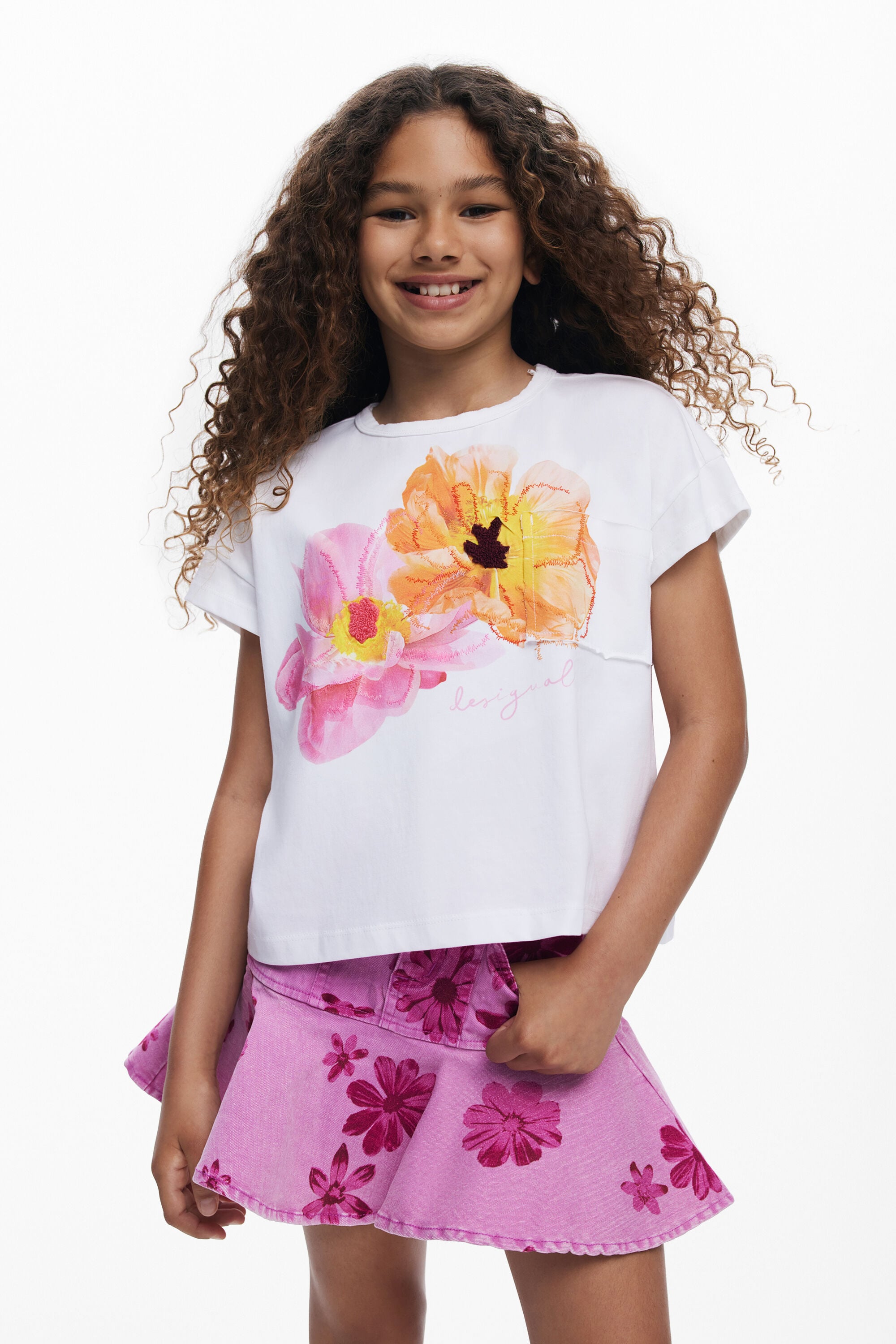 Desigual, Camiseta manga corta bordados flores, NiñOs, Algodon, Blanco, 3/4