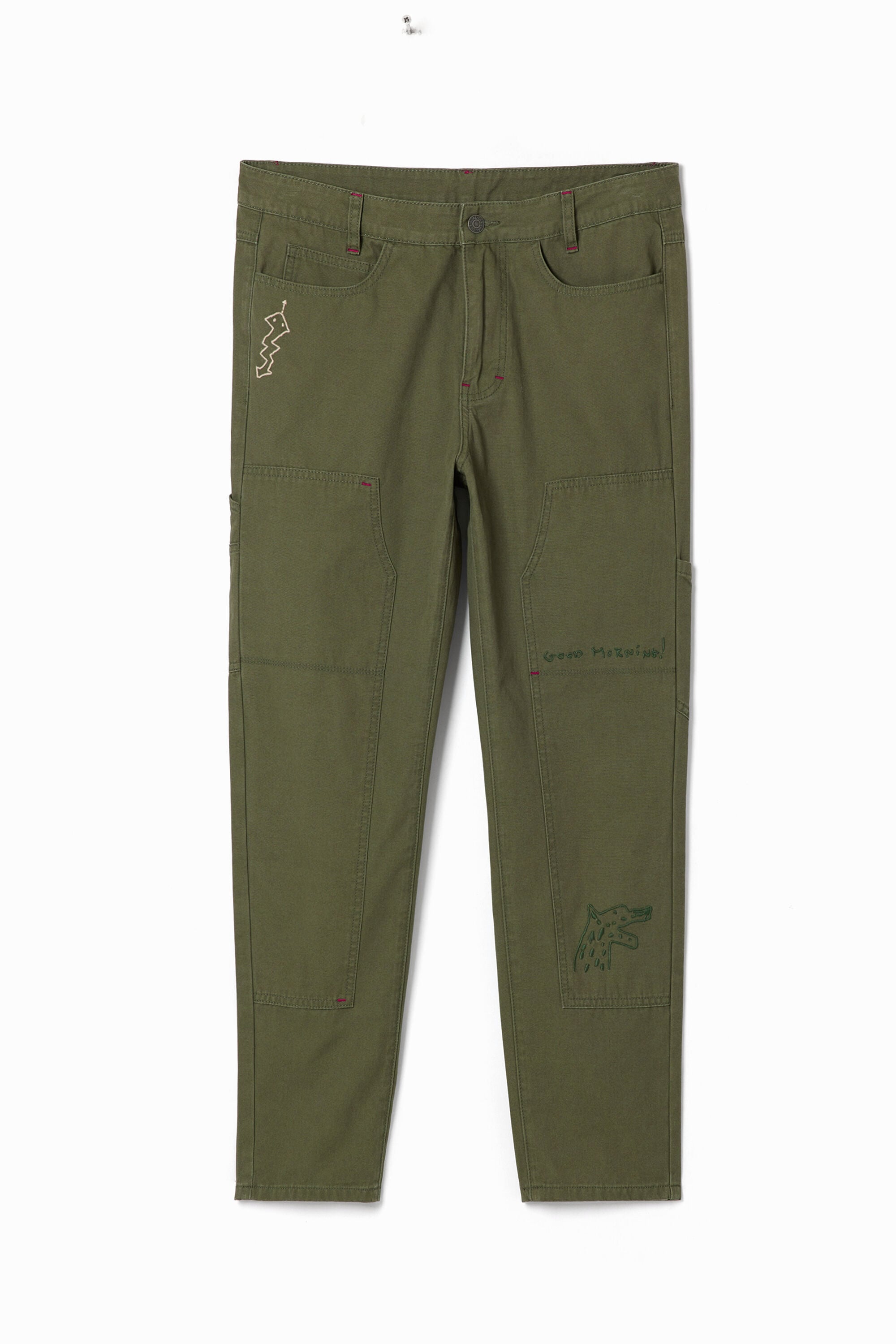 Desigual, Pantalón largo recto con bordados, Algodon, Verde, 30