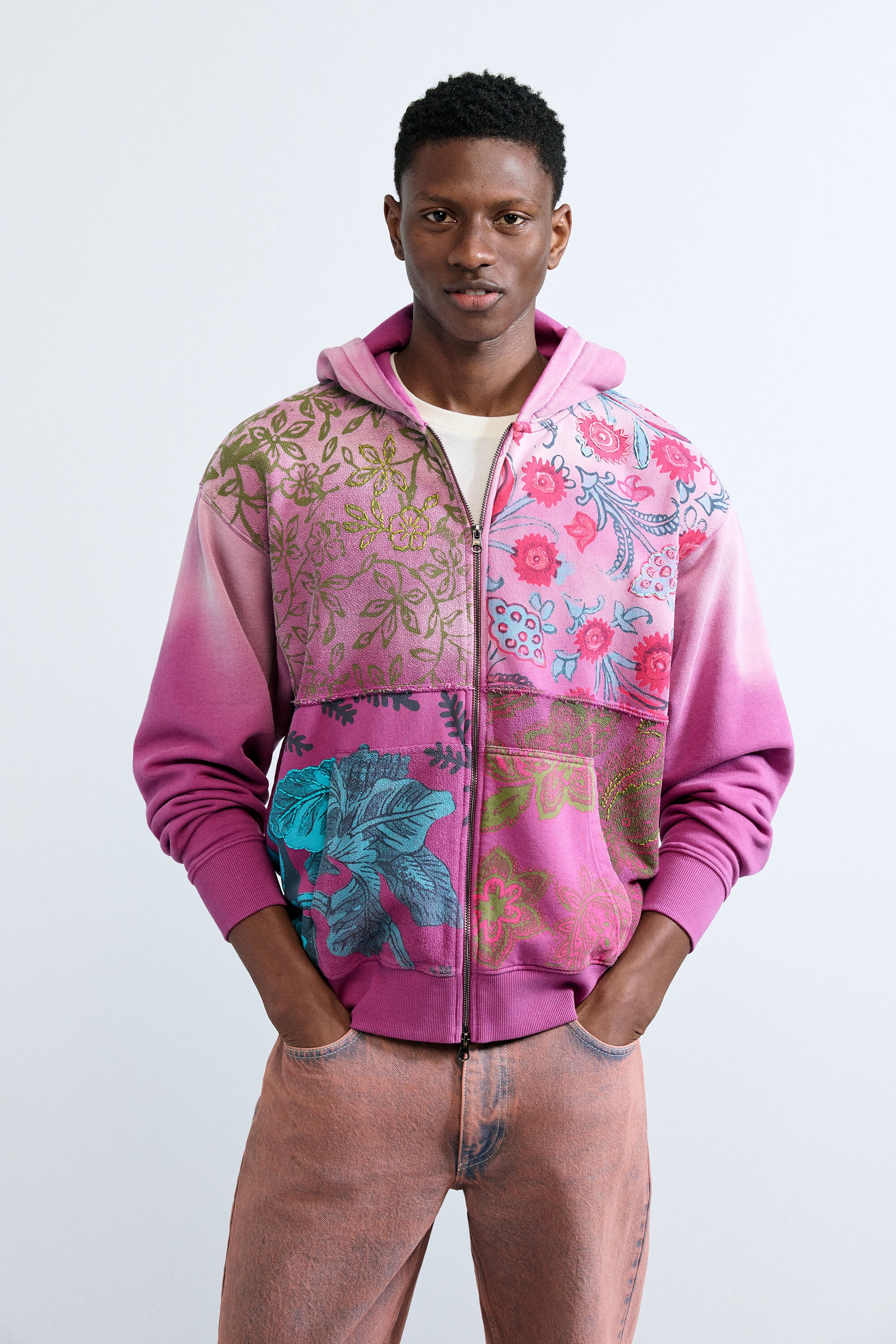Desigual, Sudadera cremallera flores, Hombre, Algodon, Rojo, M