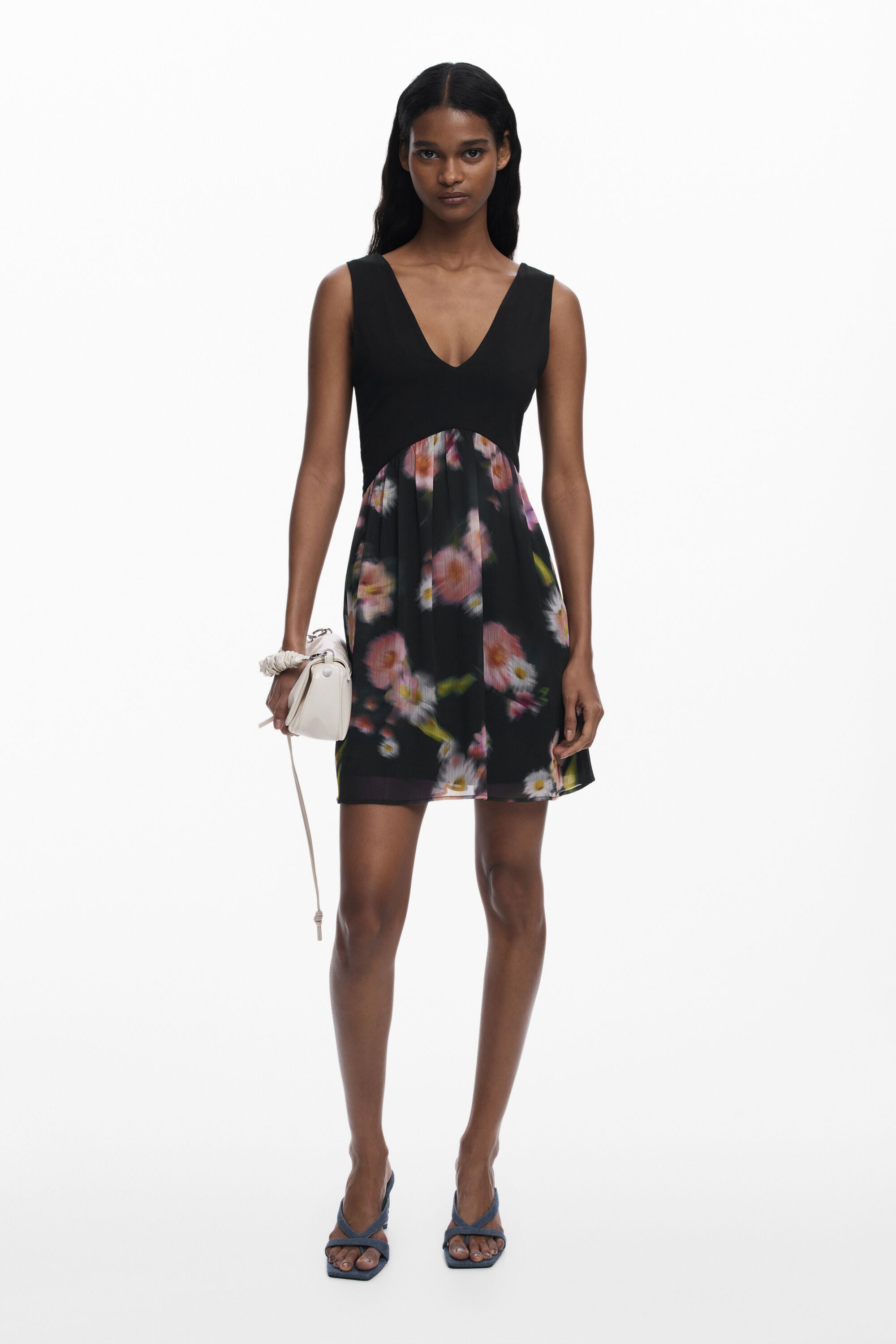 Desigual, Vestido corto bimateria flores, Negro, L