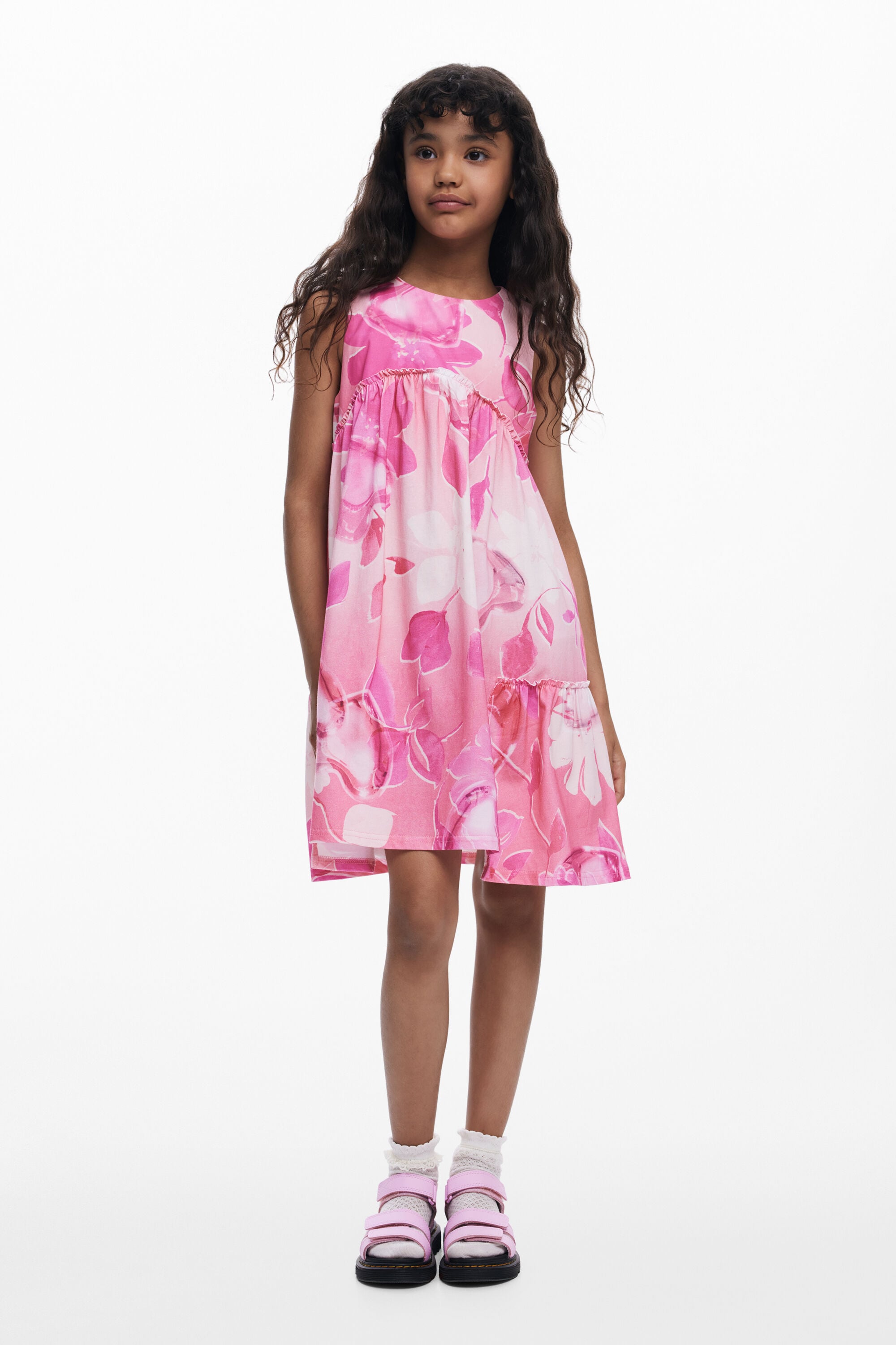 Desigual, Vestido flores fruncidos, NiñOs, Algodon, Rojo, 13/14